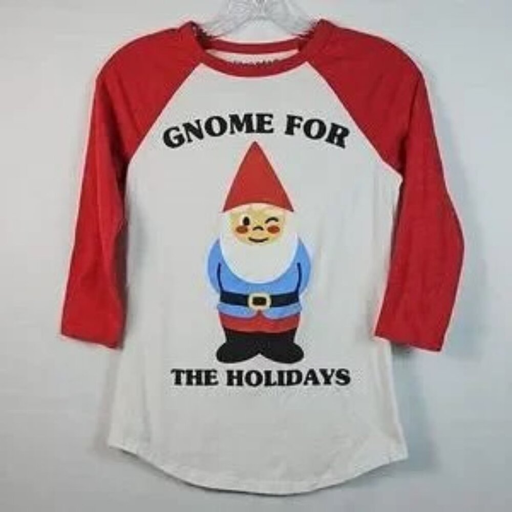Festive Women's Red & White "Gnome for the Holidays" 3/4 Length Sleeve Top T2